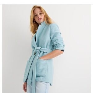 J Crew Wrap Blazer Jacket Italian Boiled Wool Pale Dusty Blue Size 14